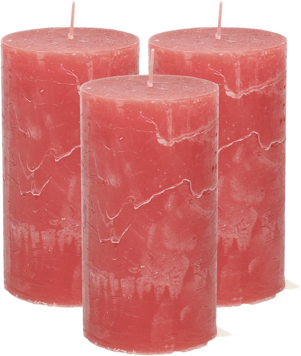 Atmosphera Stompkaars/cilinderkaars - 3x - rood - 7 x 13 cm - rustiek model