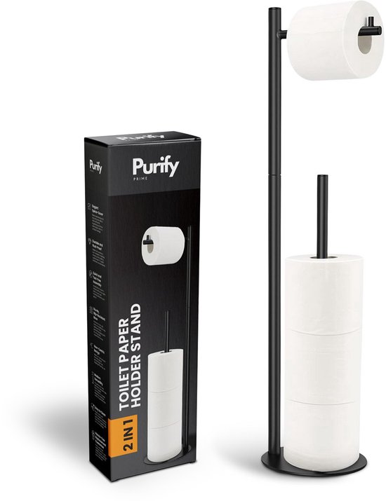 Purify Prime - WC Rolhouder - Stainless wc rolhouder staand - Toiletrolhouder - WC rolhouder zwart - Toiletrolhouder en reserverolhouder - RVS - Geschikt voor 3+1 WC papier rollen - 2 in 1