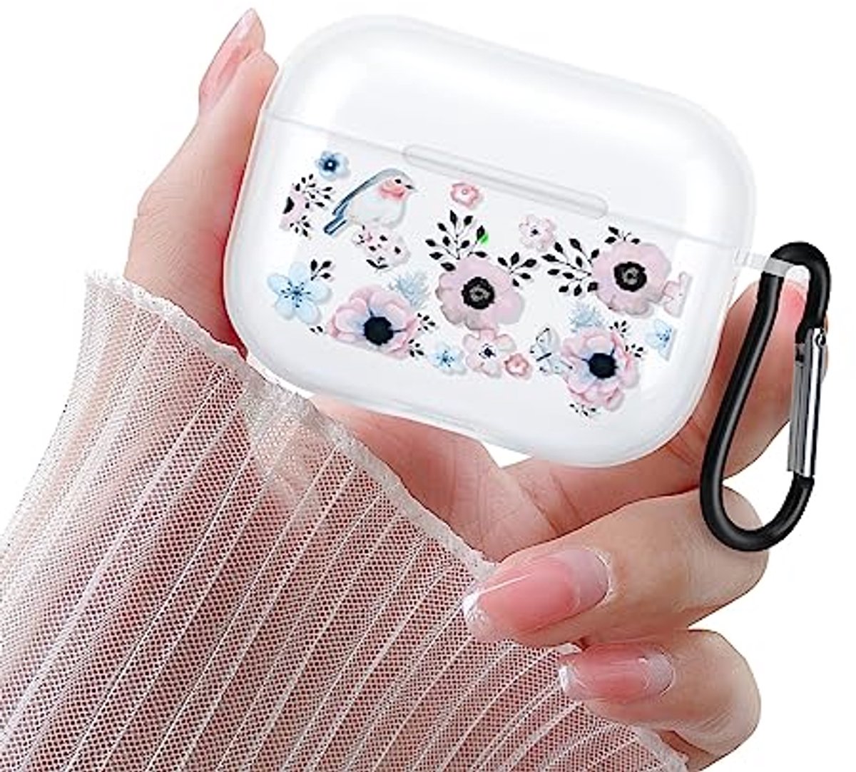 Newseego Airpods Pro 2 Case for Girls Women, Cute Floral Design Airpods Pro 2. Generation Case with Carabiner Transparent Soft TPU Shockproof Protective Cover for Airpods Pro 2(2022) -Flower 4