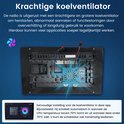 Achterkant van autoradio met krachtige ventilator en aansluitingen voor koeling en temperatuurregeling.