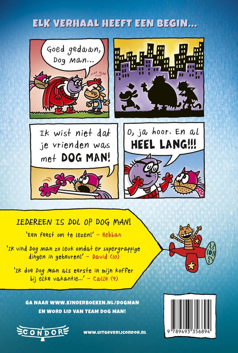 De achterkant van Dog Man en de Cupcake-klus. Met een kleine stripverhaal en citaten.