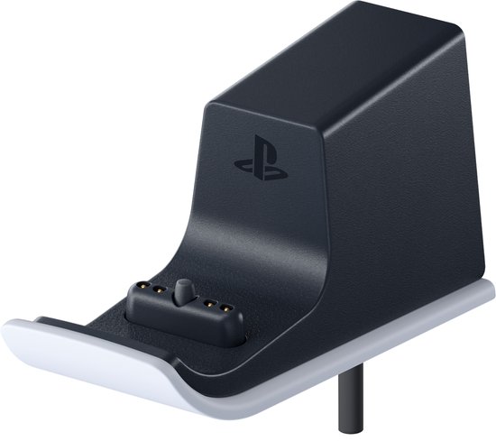 Zwarte PlayStation Link oplaadbeugel met witte accenten en gouden oplaadcontacten.