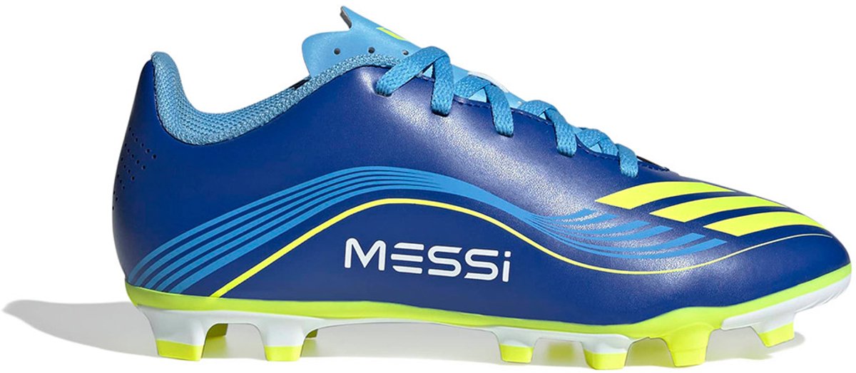 Adidas F50 Messi voetbalschoenen in blauw met gele details, ontworpen voor snelheid, maat EU 28 1/2.