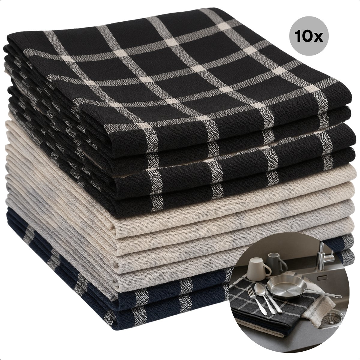Cheqo® Theedoeken Set - Keukendoeken Set - Katoenmix - 10 Stuks - Absorbeert Goed - Drogen Van Servies - Drogen Van Glazen - Drogen Van Werkbladen - Machinewasbaar Op 30 °C - Neutraal Ontwerp - Thuisgebruik - Horeca Voorraad