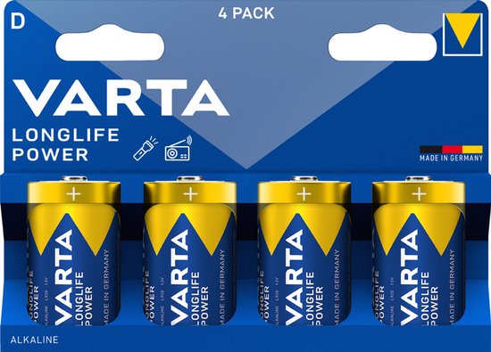 Piles alcalines Varta Longlife Power D, lot de 4, avec inscription Varta Longlife Power, Made in Germany.