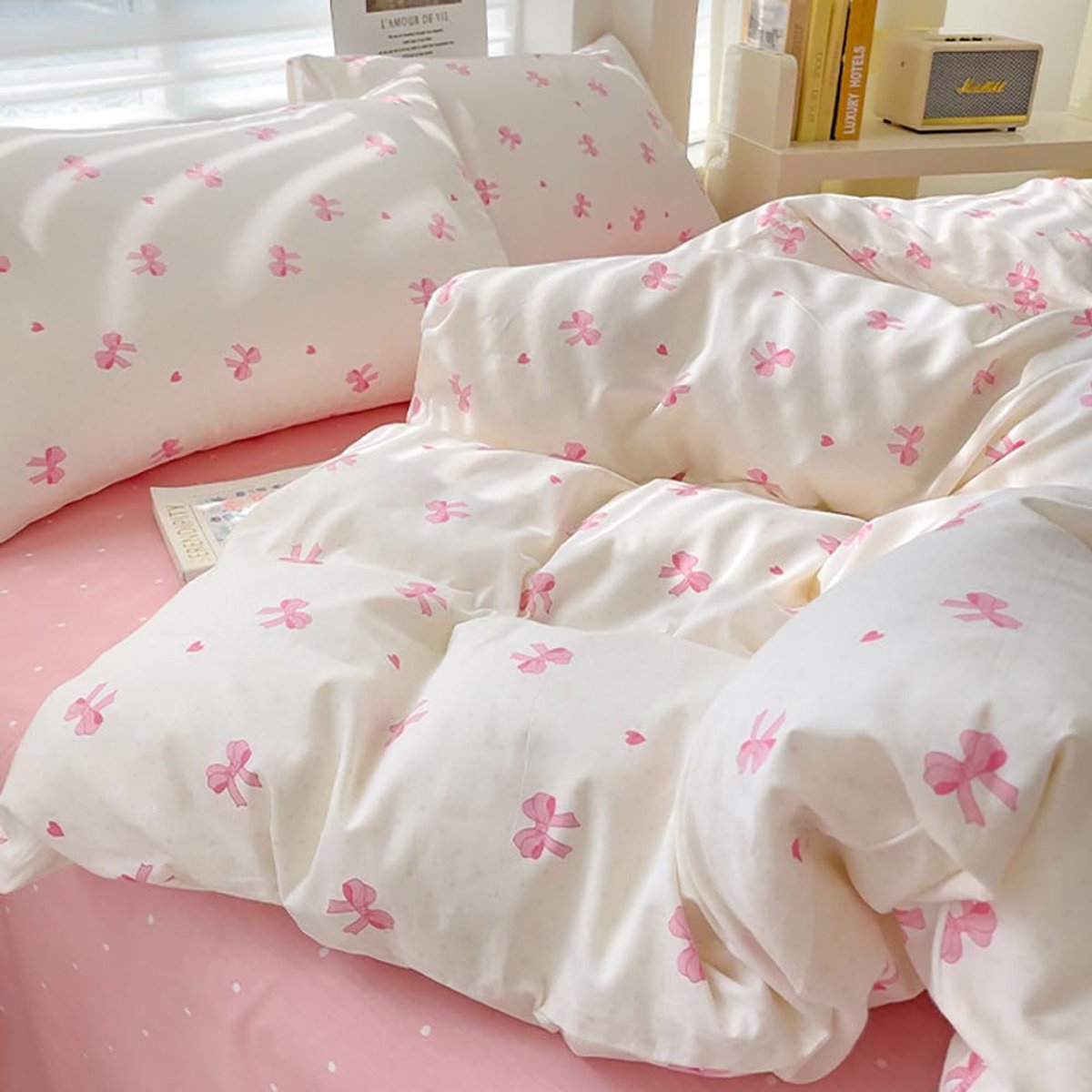 Azomor® Romantische katoenen beddengoedset met strikken en hartenpatroon