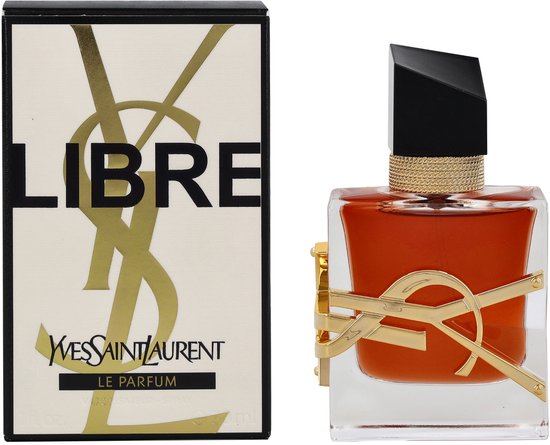 YSL Libre Le Parfum flesje en doosje met gouden logo op witte achtergrond.