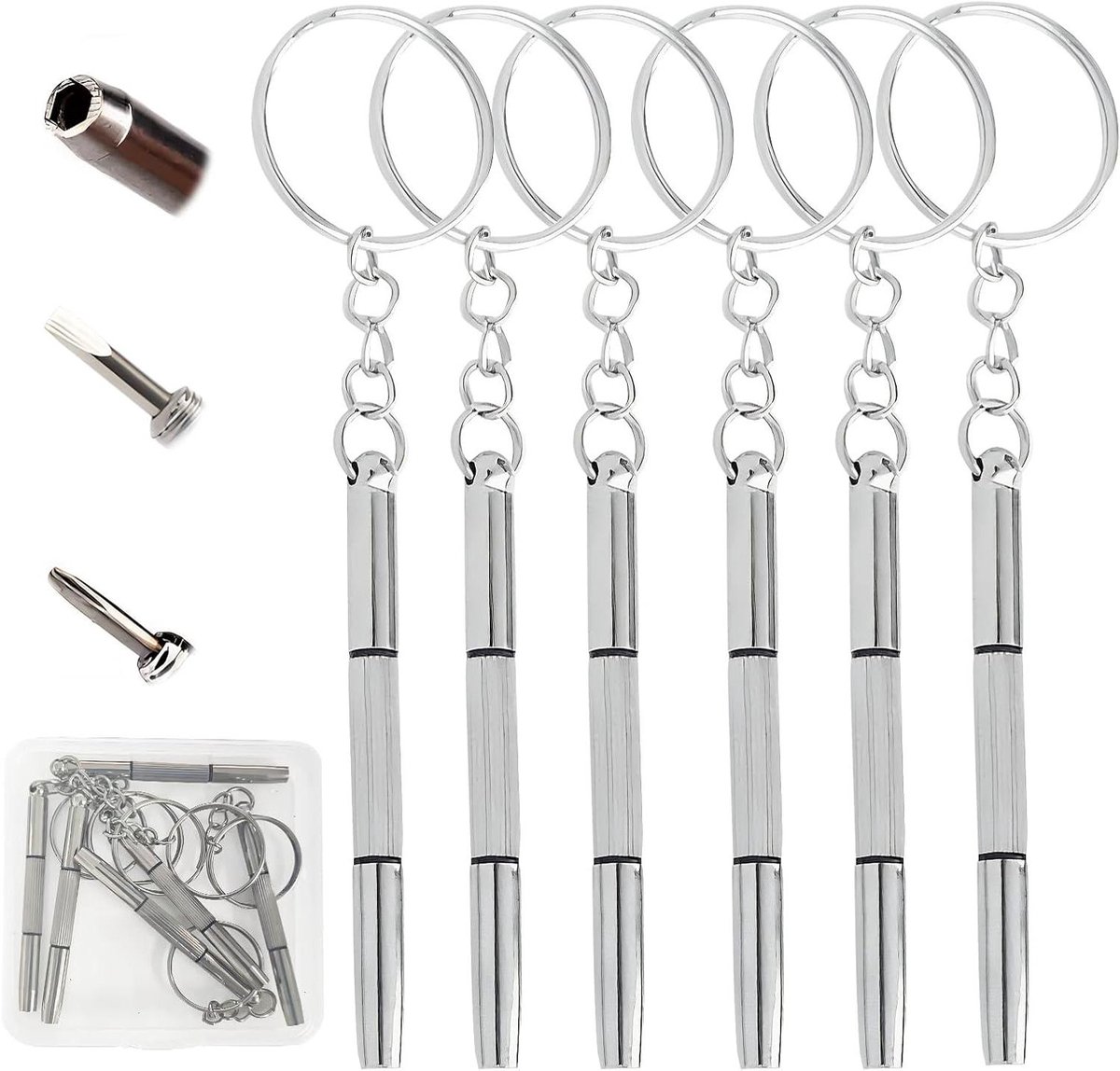 Allecto plus - Mini-brilschroevendraaiers set met 6 stuks, roestvrij staal, voor brillen, horloges en sieradenreparatie. Met sleutelhanger.