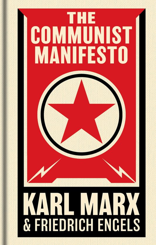Boekomslag van 'Het Communistisch Manifest' door Karl Marx & Friedrich Engels met een rode ster op een rode achtergrond.