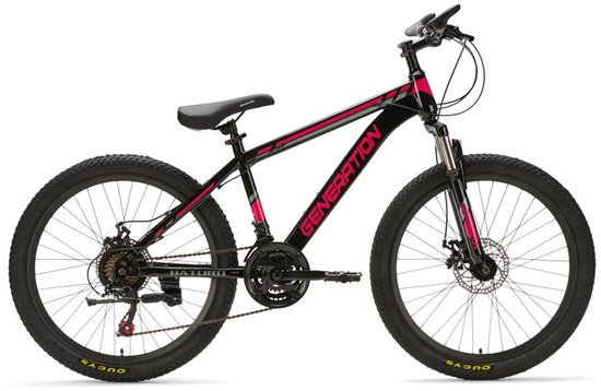 Vélo tout terrain noir avec accents roses et logo "GENERATION" sur le cadre.