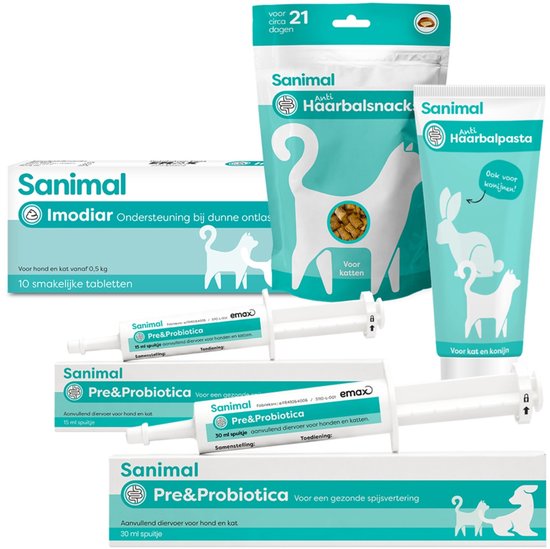 Assortiment Sanimal producten: Haarbal pasta, snacks, tandverzorging en pre-probiotica.
