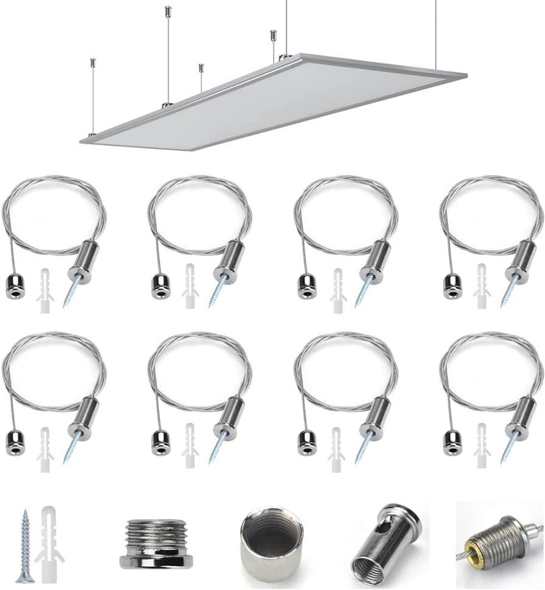 Allecto plus - Hangende ophanging set van 8 stuks voor plafond met draadkabel van 1,5 mm x 1 m. Verstelbare ophangset voor led-paneel met inbouwmogelijkheid.
