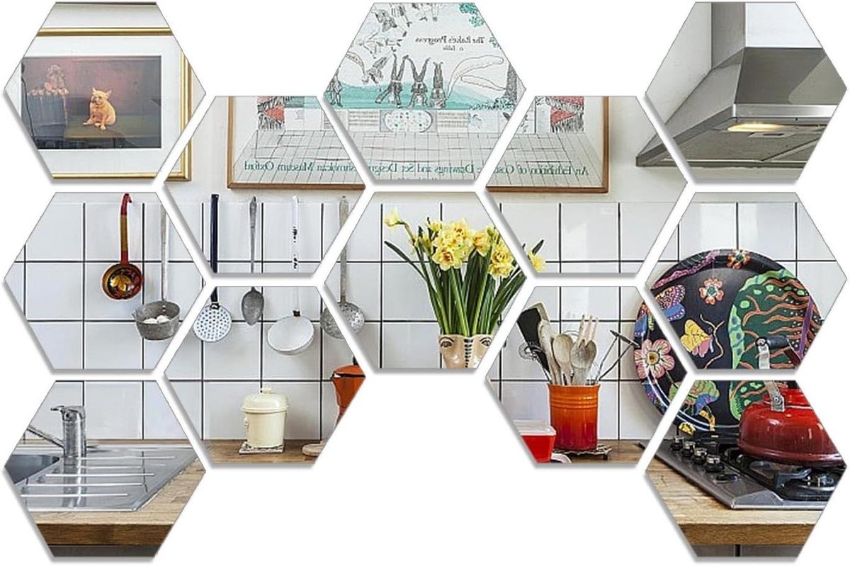 Allecto plus - Zelfklevende Spiegeltegels, 12 stuks, muurdecoratie voor woonkamer en kastdeur