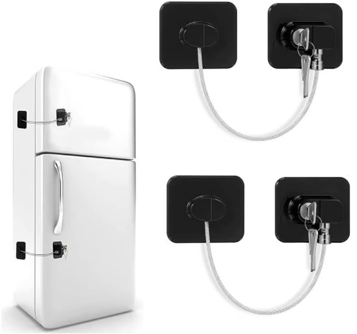 Image of 2 stuks koelkastslot, babyveiligheidsdeur- en raamsloten, koelkastsloten met 2 sleutels, kinderveiligheidssloten voor koelkast, kast, lades, ramen en deuren, met zelfklevende achterkant, zonder boren, Zwart