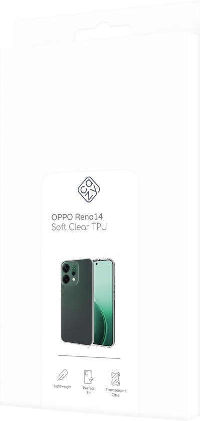 Emballage d'une coque Cazy pour Oppo Reno14, TPU souple et transparent.