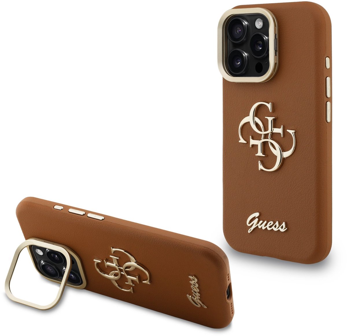 Guess 4G Logo met Camerastand functie geschikt voor iPhone 15 Pro hoesje - Bruin