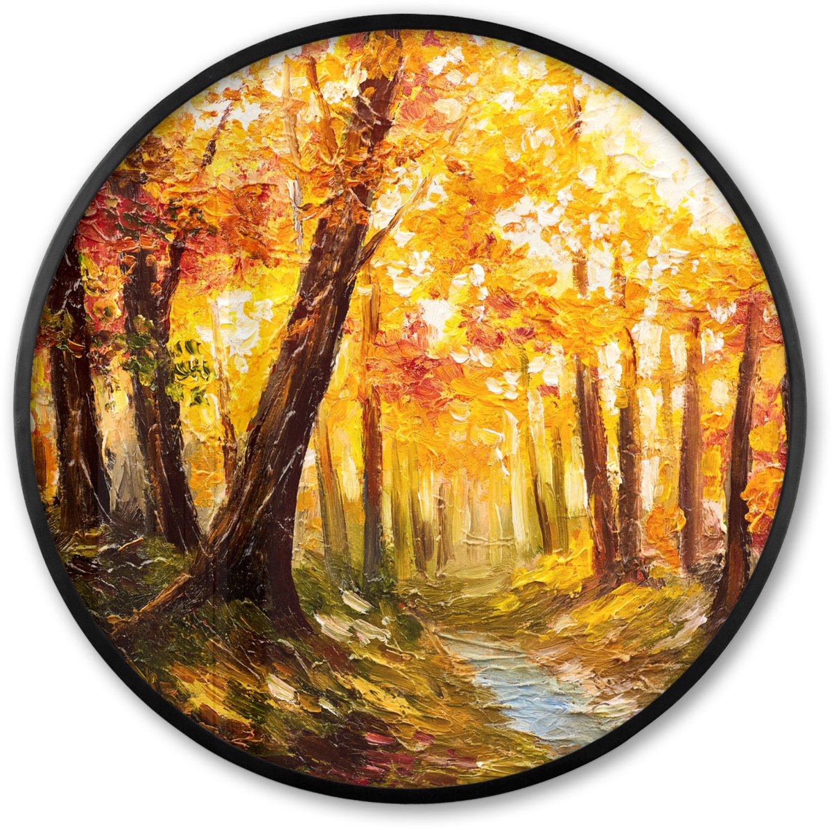 FrameYourWall Poster in lijst Rond - Fotolijst 80x80 cm - Posters - Schilderij - Herfst - Bos - Olieverf - Ronde posterlijst zwart - Decoratie - Wanddecoratie woonkamer - Muurdecoratie slaapkamer Multicolor