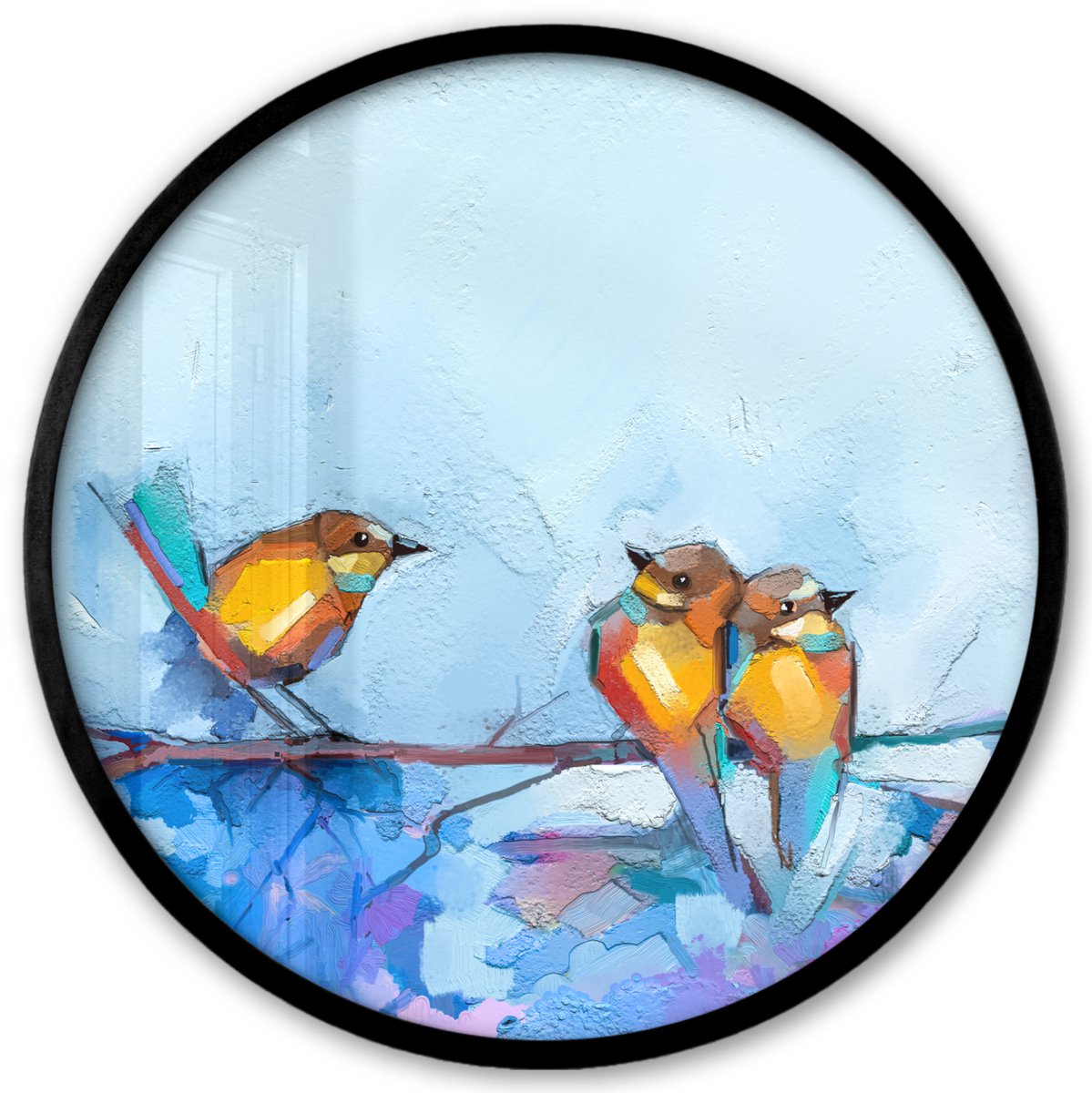 FrameYourWall Poster in lijst Rond - Fotolijst 40x40 cm - Posters - Schilderij - Olieverf - Vogel - Tak - Ronde posterlijst zwart - Decoratie - Wanddecoratie woonkamer - Muurdecoratie slaapkamer Multicolor