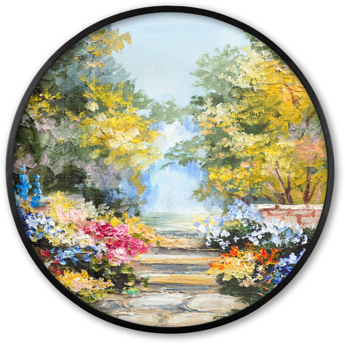 FrameYourWall Poster in lijst Rond - Fotolijst 80x80 cm - Posters - Schilderij - Bloemen - Natuur - Olieverf - Ronde posterlijst zwart - Decoratie - Wanddecoratie woonkamer - Muurdecoratie slaapkamer Olieverf - Uitzicht - Bloemen