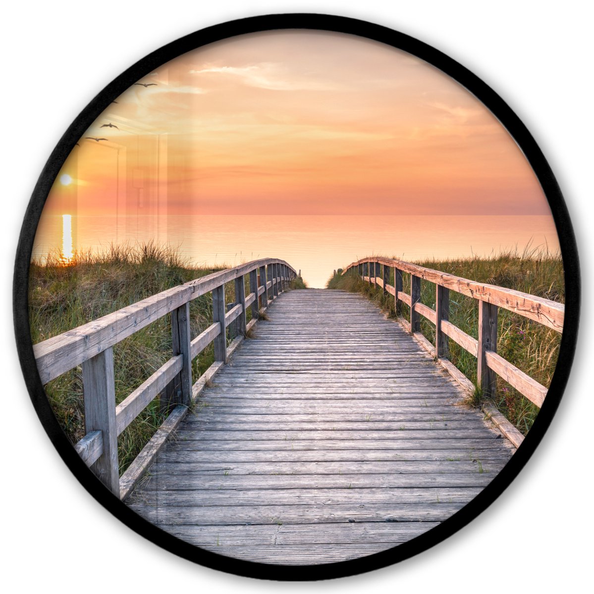 FrameYourWall Poster in lijst Rond - Fotolijst 40x40 cm - Posters - Zonsonderang - Zee - Pad - Gras - Duin - Vogels - Ronde posterlijst zwart - Decoratie - Wanddecoratie woonkamer - Muurdecoratie slaapkamer Zonsondergang - Pad