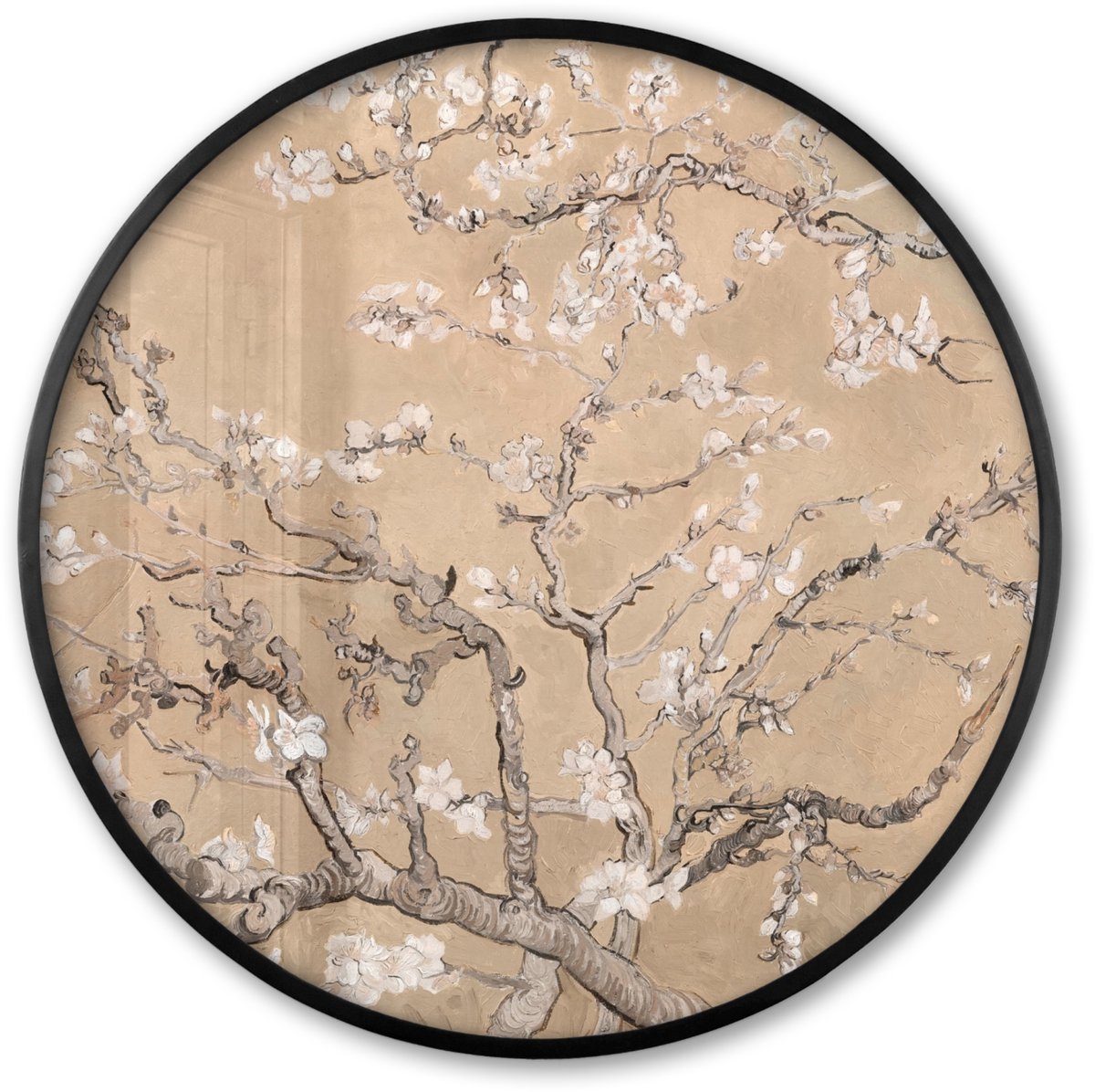 FrameYourWall Poster in lijst Rond - Fotolijst 80x80 cm - Posters - Amandelbloesem - Kunst - Van Gogh - Beige - Ronde posterlijst zwart - Decoratie - Wanddecoratie woonkamer - Muurdecoratie slaapkamer