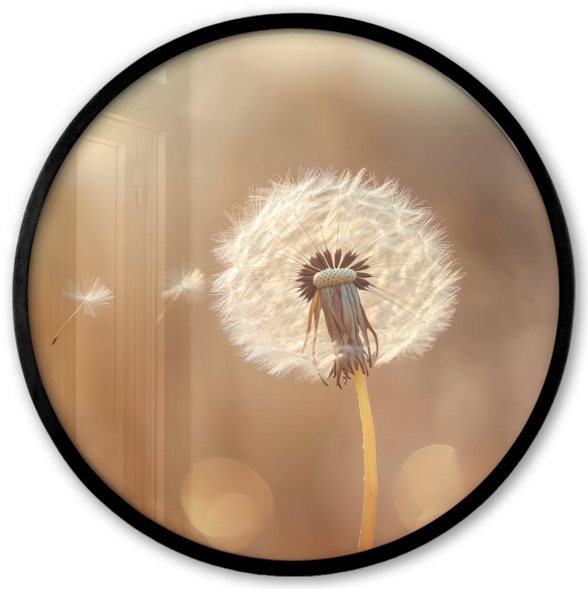 FrameYourWall Poster in lijst Rond - Fotolijst 40x40 cm - Posters - Paardenbloem - Beige - Natuur - Bloem - Ronde posterlijst zwart - Decoratie - Wanddecoratie woonkamer - Muurdecoratie slaapkamer