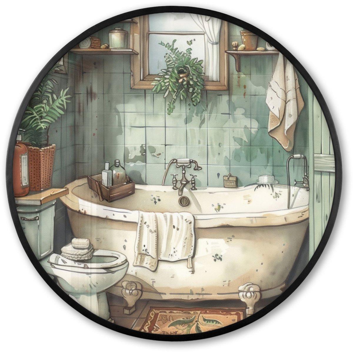 FrameYourWall Poster in lijst Rond - Fotolijst 80x80 cm - Posters - Vintage - Badkuip - Badkamer - Illustratie - Ronde posterlijst zwart - Decoratie - Wanddecoratie woonkamer - Muurdecoratie slaapkamer Vintage - Badkamer