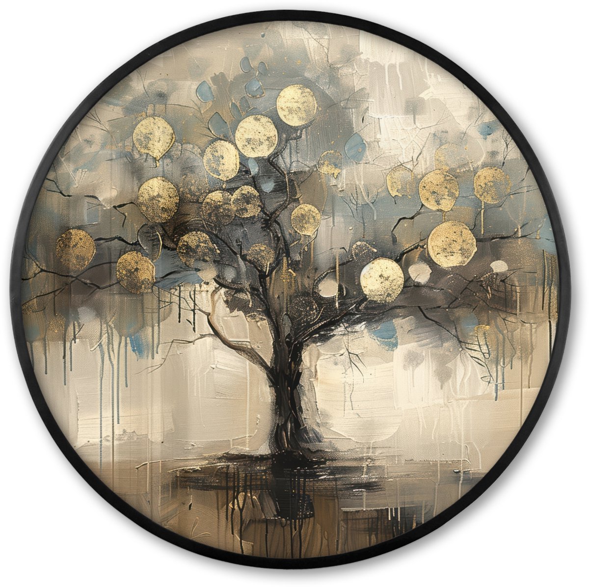 FrameYourWall Poster in lijst Rond - Fotolijst 60x60 cm - Posters - Beige - Abstract - Boom - Goud - Ronde posterlijst zwart - Decoratie - Wanddecoratie woonkamer - Muurdecoratie slaapkamer