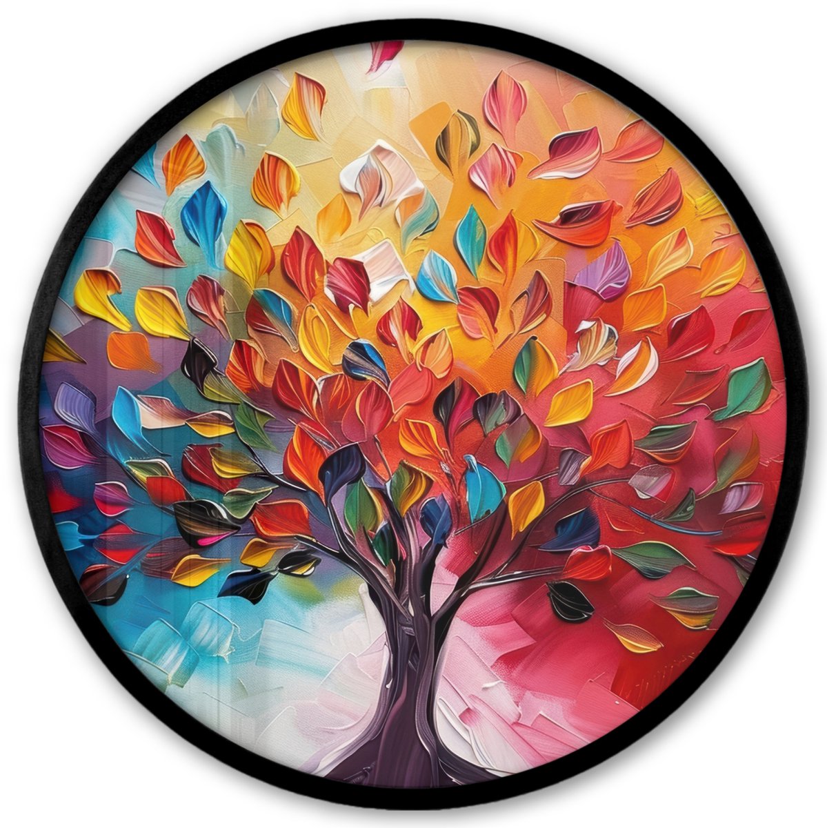 FrameYourWall Poster in lijst Rond - Fotolijst 40x40 cm - Posters - Boom - Levensboom - Kleurrijk - Abstract - Ronde posterlijst zwart - Decoratie - Wanddecoratie woonkamer - Muurdecoratie slaapkamer Kleurrijk - Verflook