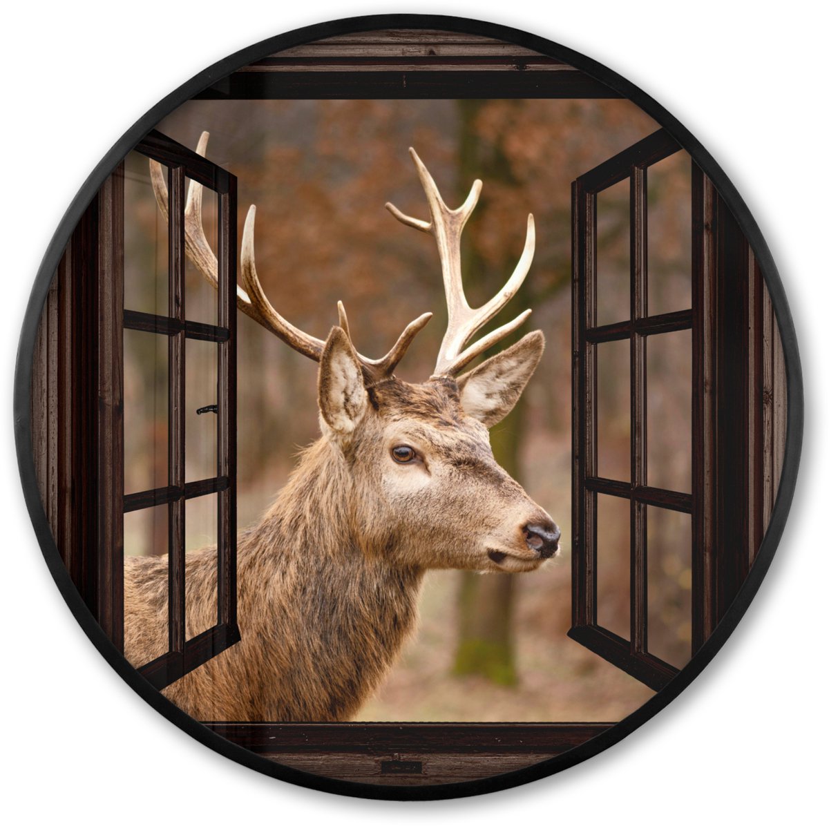FrameYourWall Poster in lijst Rond - Fotolijst 80x80 cm - Posters - Hert - Dier - Bos - Herfst - Hertenkop - Bruin - Doorkijk - Ronde posterlijst zwart - Decoratie - Wanddecoratie woonkamer - Muurdecoratie slaapkamer