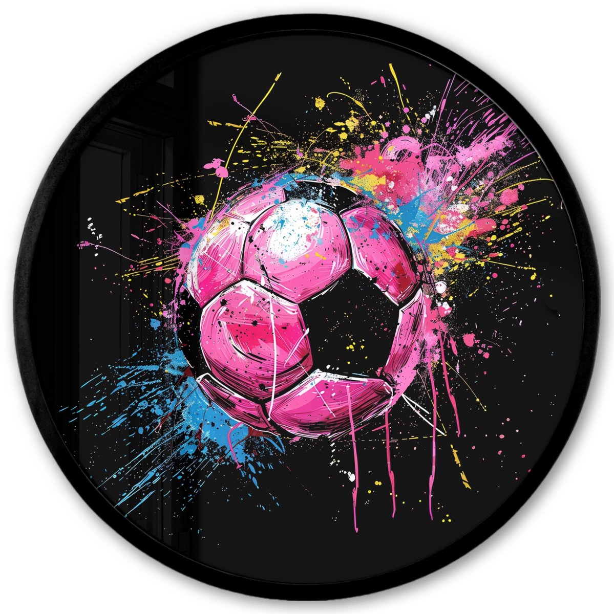FrameYourWall Poster in lijst Rond - Fotolijst 40x40 cm - Posters - Graffiti - Sport - Voetbal - Bal - Roze - Ronde posterlijst zwart - Decoratie - Wanddecoratie woonkamer - Muurdecoratie slaapkamer