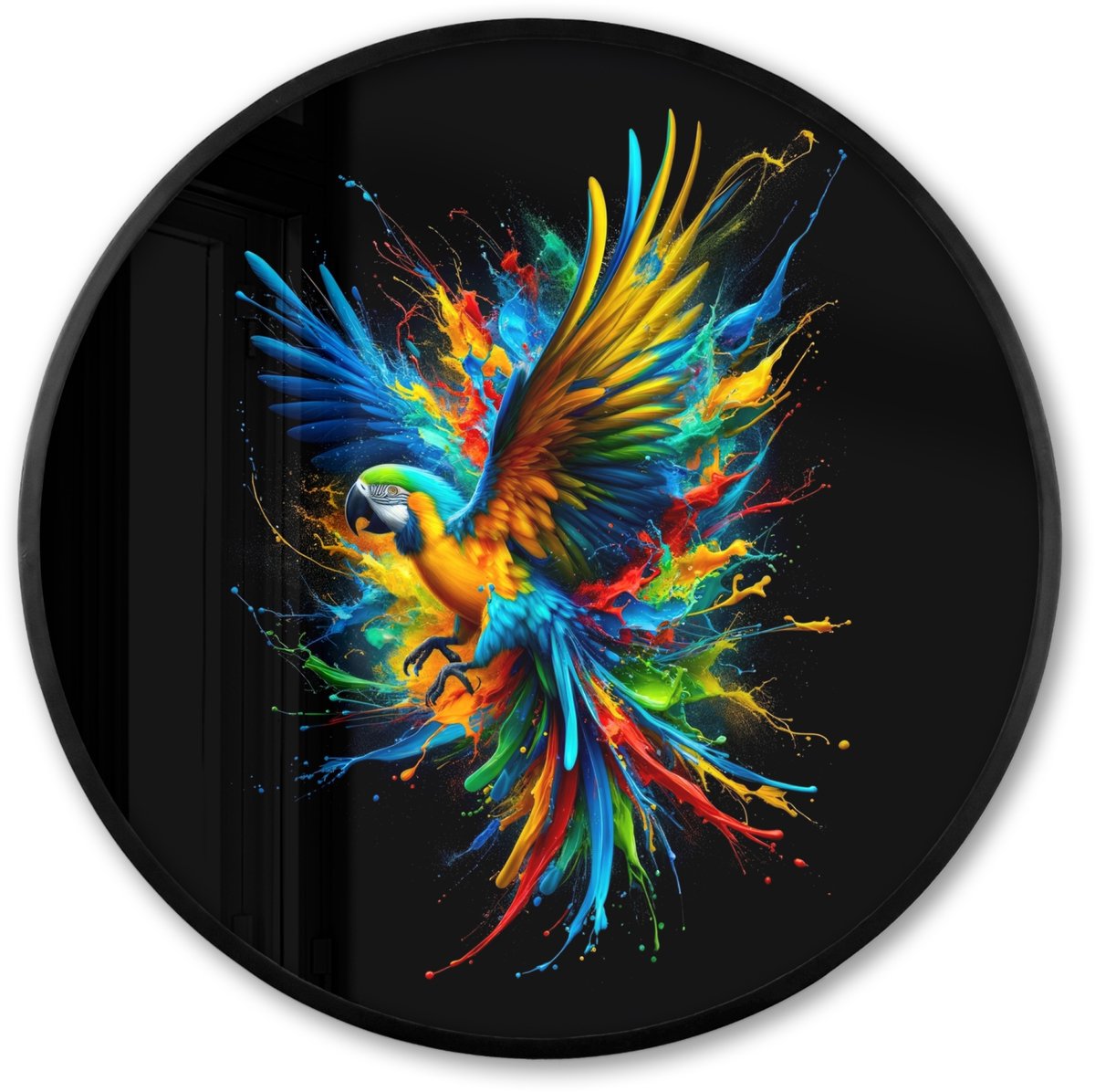 FrameYourWall Poster in lijst Rond - Fotolijst 60x60 cm - Posters - Papegaai - Vogel - Dier - Kleurrijk - Verf - Ronde posterlijst zwart - Decoratie - Wanddecoratie woonkamer - Muurdecoratie slaapkamer