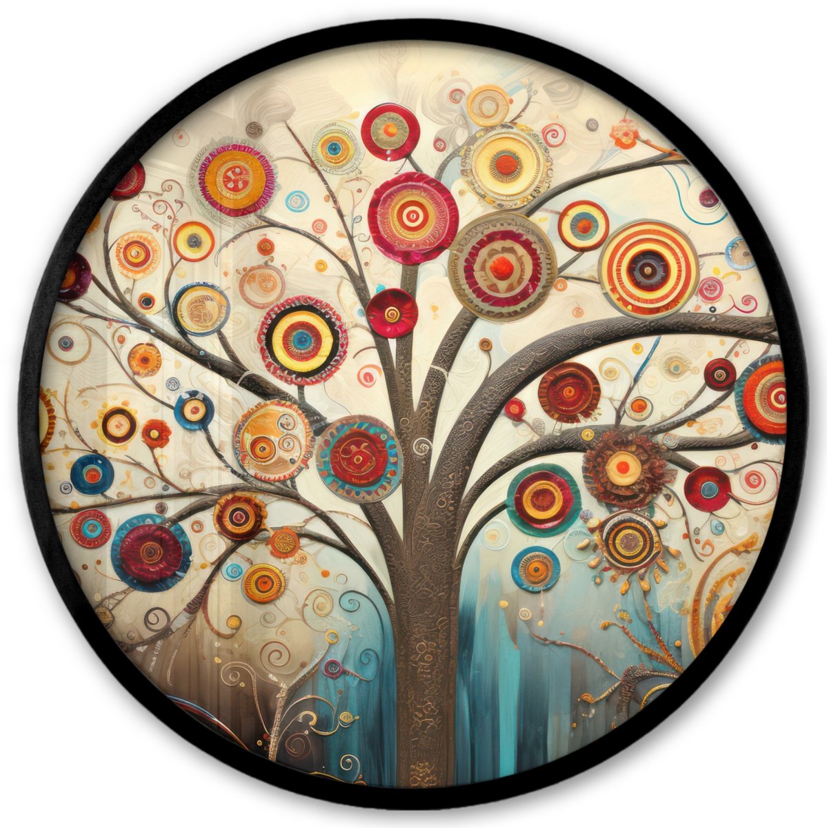 FrameYourWall Poster in lijst Rond - Fotolijst 40x40 cm - Posters - Boom - Abstract - Kleur - Levensboom - Bohemian - Ronde posterlijst zwart - Decoratie - Wanddecoratie woonkamer - Muurdecoratie slaapkamer