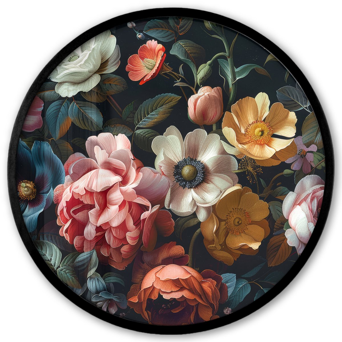 FrameYourWall Poster in lijst Rond - Fotolijst 40x40 cm - Posters - Vintage - Kleurrijk - Bloemen - Modern - Ronde posterlijst zwart - Decoratie - Wanddecoratie woonkamer - Muurdecoratie slaapkamer Vintage - Bloemen