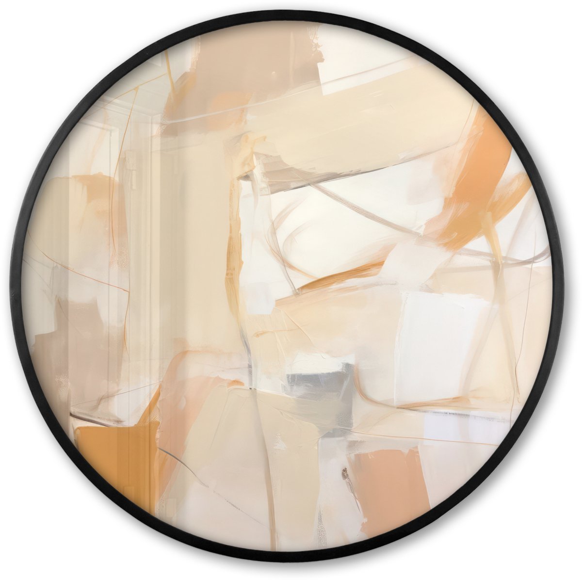 FrameYourWall Poster in lijst Rond - Fotolijst 60x60 cm - Posters - Abstract - Beige - Oranje - Kunst - Modern - Ronde posterlijst zwart - Decoratie - Wanddecoratie woonkamer - Muurdecoratie slaapkamer Abstracte verf