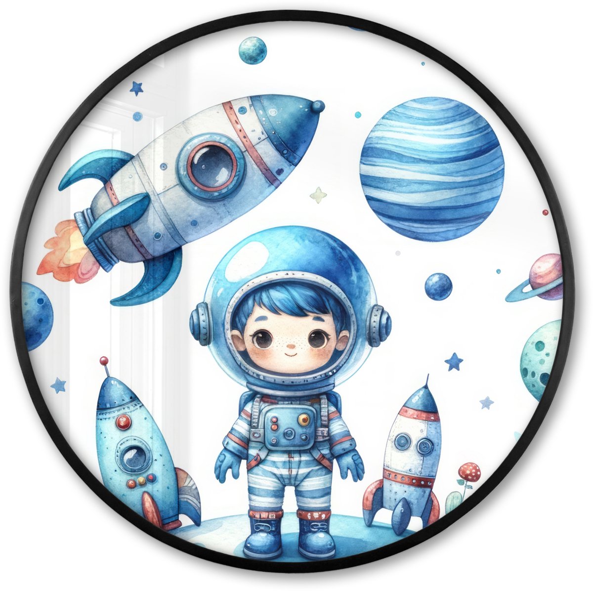 FrameYourWall Poster in lijst Rond - Fotolijst 80x80 cm - Posters - Ruimte - Blauw - Astronaut - Raket - Planeten - Ronde posterlijst zwart - Decoratie - Wanddecoratie woonkamer - Muurdecoratie slaapkamer