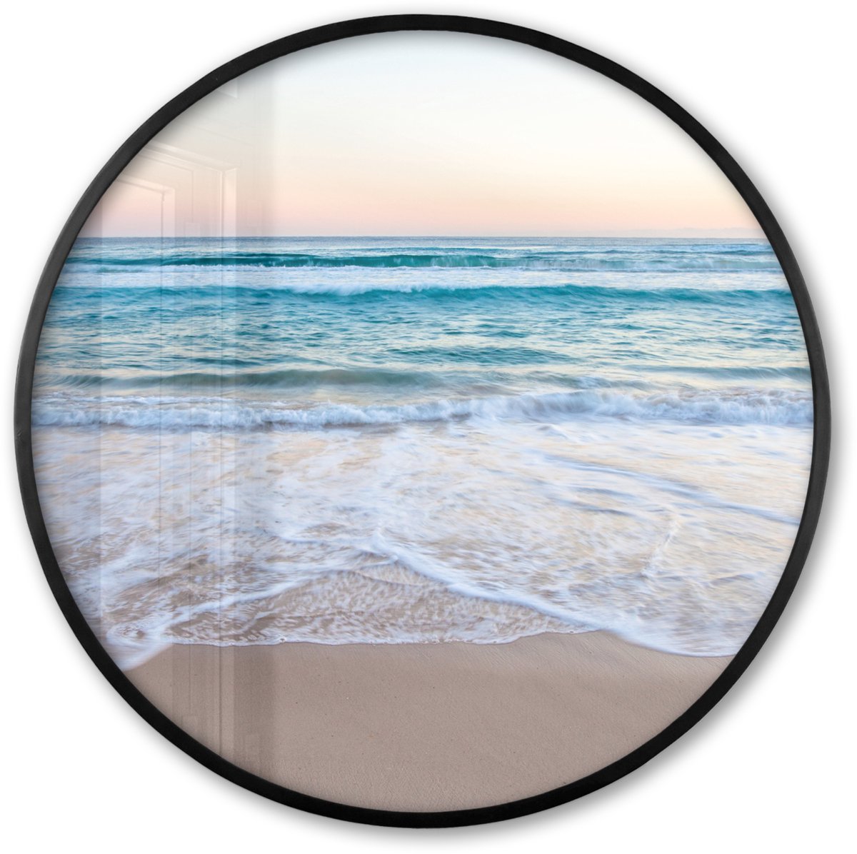 FrameYourWall Poster in lijst Rond - Fotolijst 60x60 cm - Posters - Strand - Zee - Pastel - Ronde posterlijst zwart - Decoratie - Wanddecoratie woonkamer - Muurdecoratie slaapkamer Multicolor