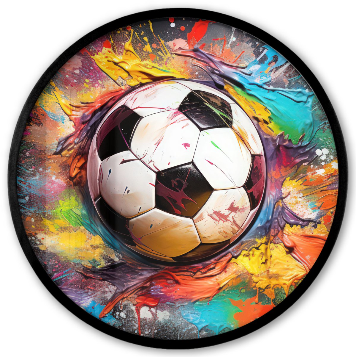 FrameYourWall Poster in lijst Rond - Fotolijst 40x40 cm - Posters - Voetbal - Verf - Kleuren - Zwart - Wit - Ronde posterlijst zwart - Decoratie - Wanddecoratie woonkamer - Muurdecoratie slaapkamer