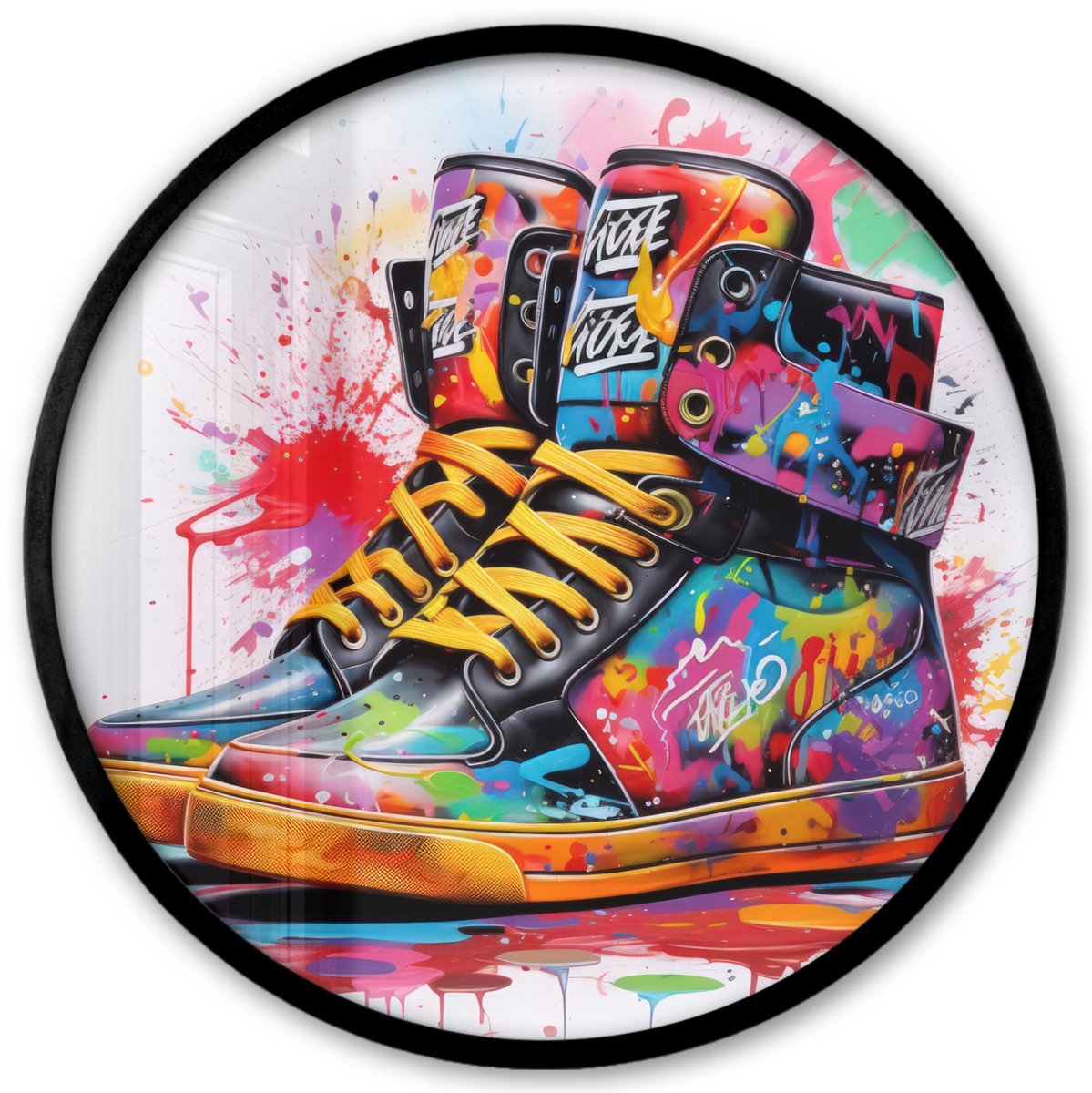 FrameYourWall Poster in lijst Rond - Fotolijst 40x40 cm - Posters - Schoenen - Graffiti - Wit - Kleuren - Ronde posterlijst zwart - Decoratie - Wanddecoratie woonkamer - Muurdecoratie slaapkamer Multicolor