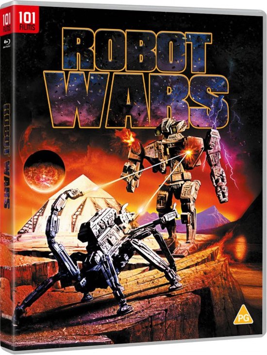 Robot Wars Blu-ray hoes: Twee robots vechten op een rotsachtige planeet met een piramide en rode planeet op achtergrond.