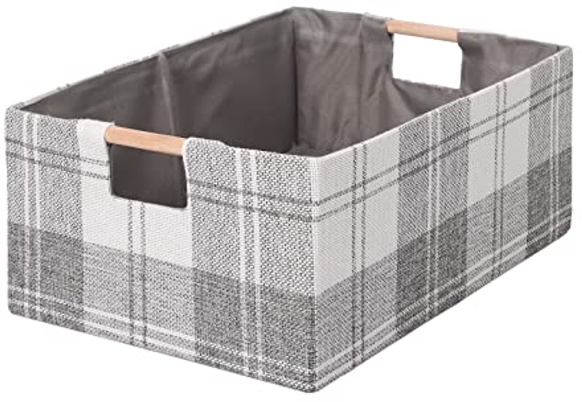 Opvouwbare Stoffen Opbergmand met Houten Handgrepen - Decoratieve Kleding- en Dekenmand - Lichtgrijs Geruit
