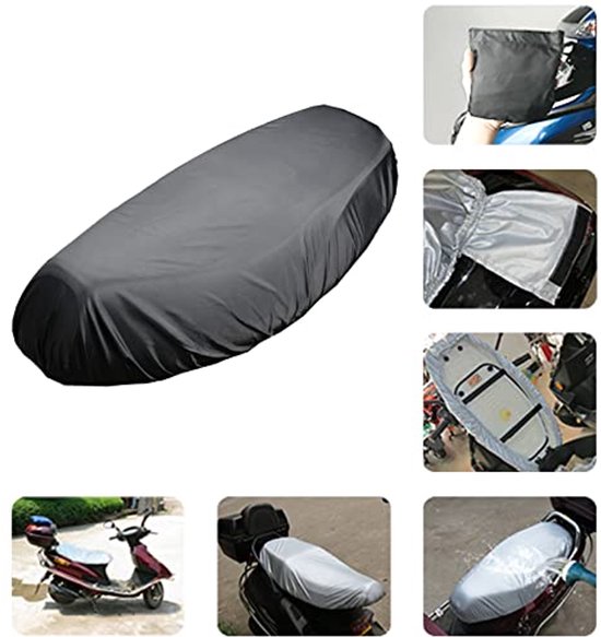 Grijze zadelhoes voor motor/scooter, met detailfoto's van bevestiging en bescherming.