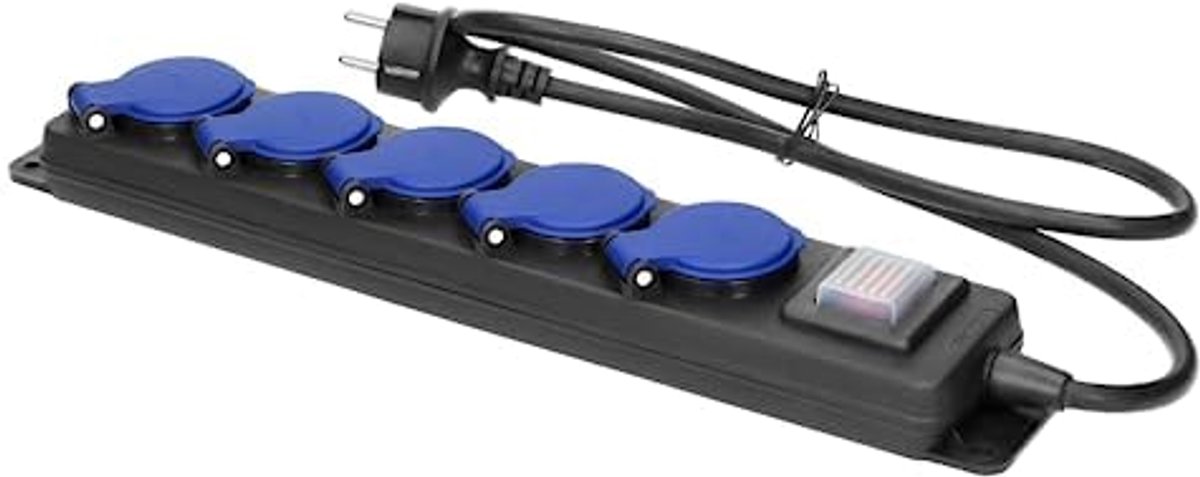 Spatwaterdichte Verlengkabel voor Werkplaats met 5 Stopcontacten en Schakelaar - Rubber H05RR-F 3x1,5 mm² (3m)
