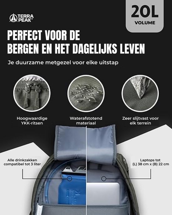 Terra Peak wandelrugzak 20L Flex 20 Premium (klein) met rugventilatie, drinksysteem en regenhoes - Trekkingrugzak van ademend 3D Air Mesh polyester - Outdoor dagrugzak met heupriem