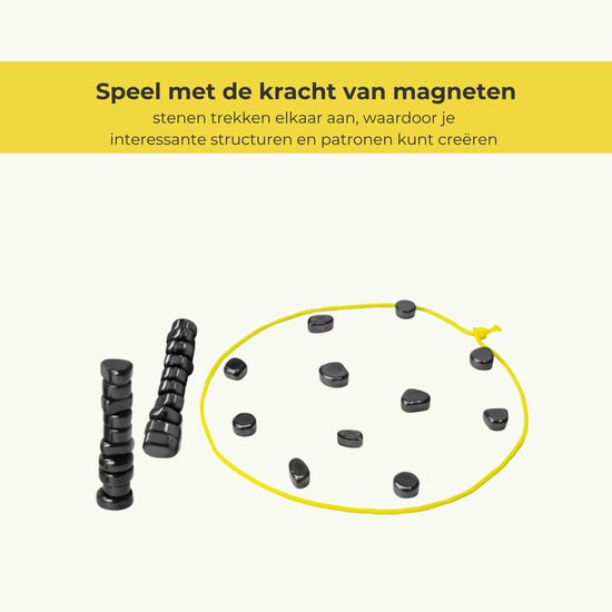 Stapel zwarte magneten en een cirkel van geel touw met magneten.