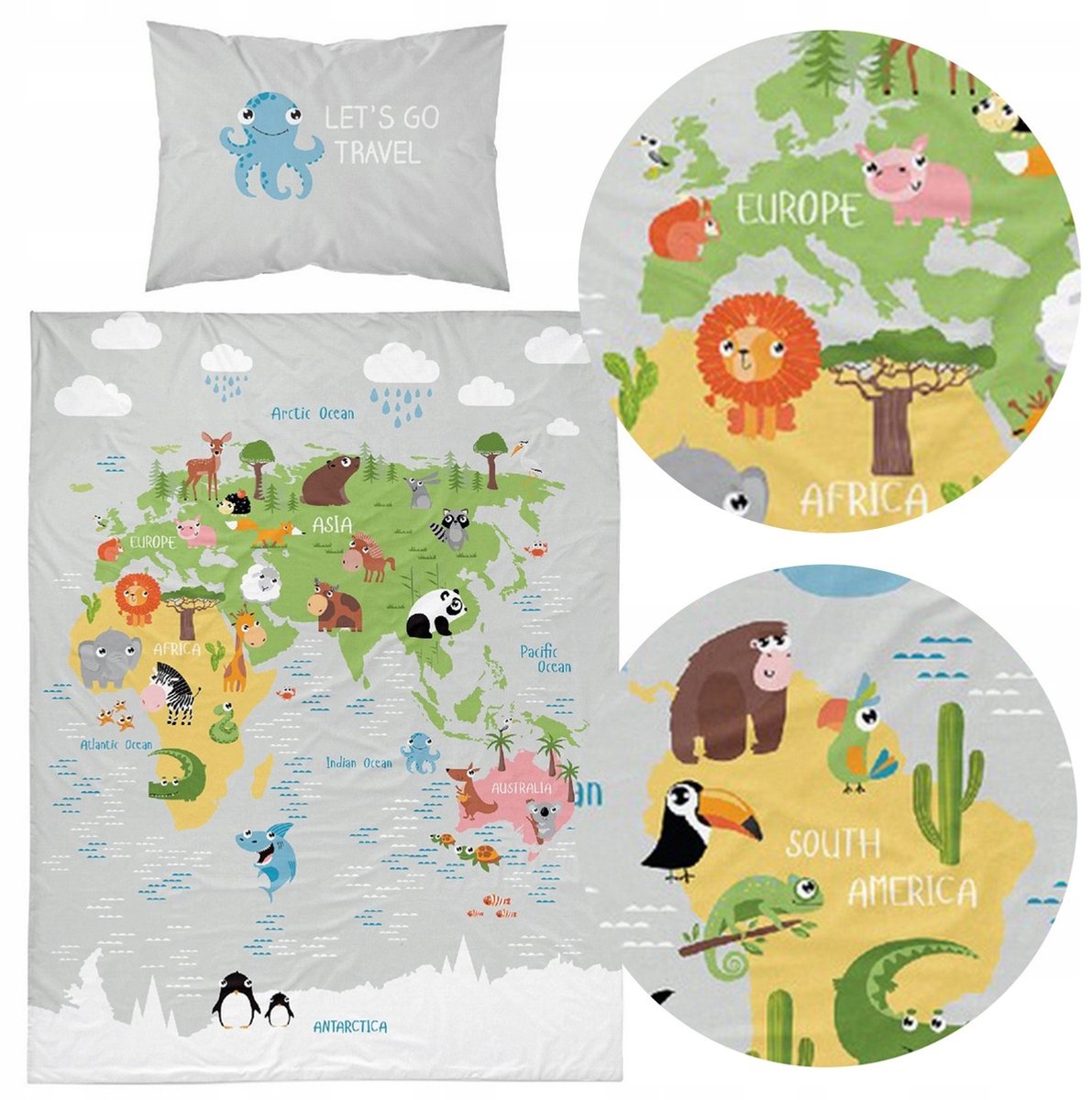 Kinderbeddengoed 100x135cm, 2-delig, Katoen, Wereldkaart & Dieren