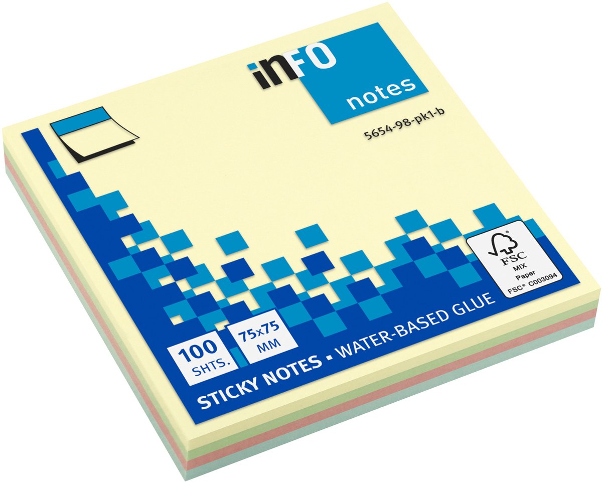Info sticky notes - Pastel - 4 x 25 vel - 75x75mm - geel, groen, roze, blauw - IN-5654-98