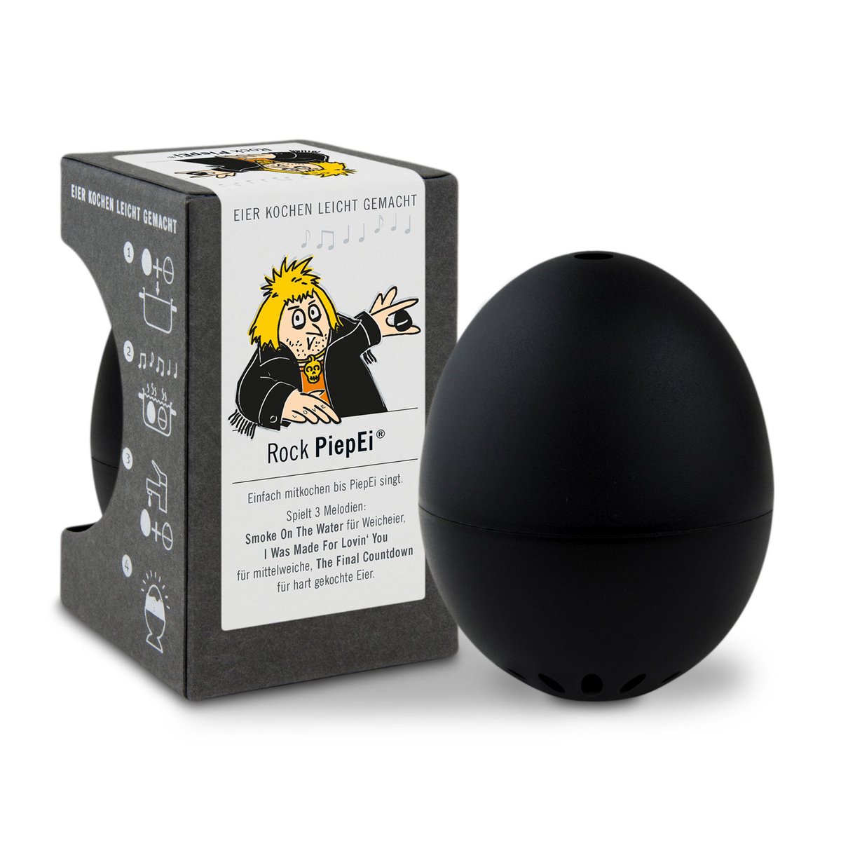PiepEi Rock, eierwekker voor het koken, meet tijd en temperatuur, speelt melodietjes als het ei klaar is, gemaakt in Duitsland