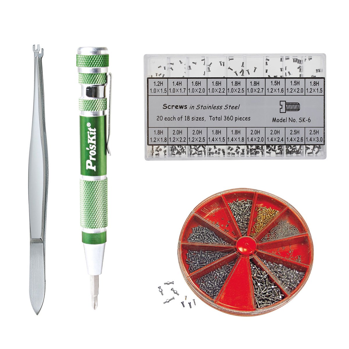 Schroevensets inclusief speciale tangen en multischroevendraaier, voor een breed scala aan toepassingen in de horloge- en optieksector
