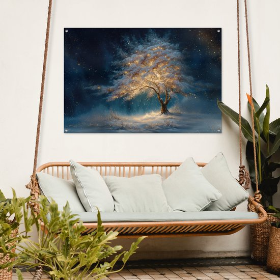 Tuinposter 120x80 cm - Tuindecoratie Levensboom - Nacht - Donker - Blauw - Poster voor in de tuin - Buiten decoratie - Schutting tuinschilderij - Tuindoek muurdecoratie - Wanddecoratie balkondoek
